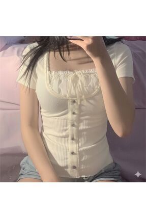 ARS Butik Düğme Ve Kurdele Detaylı Dantel Yaka Kısa Kollu Bluz