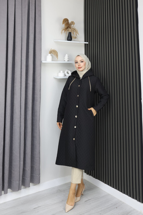 Grosh Fashion Kadın Uzun Kapitone ince Mont – Kapüşonlu