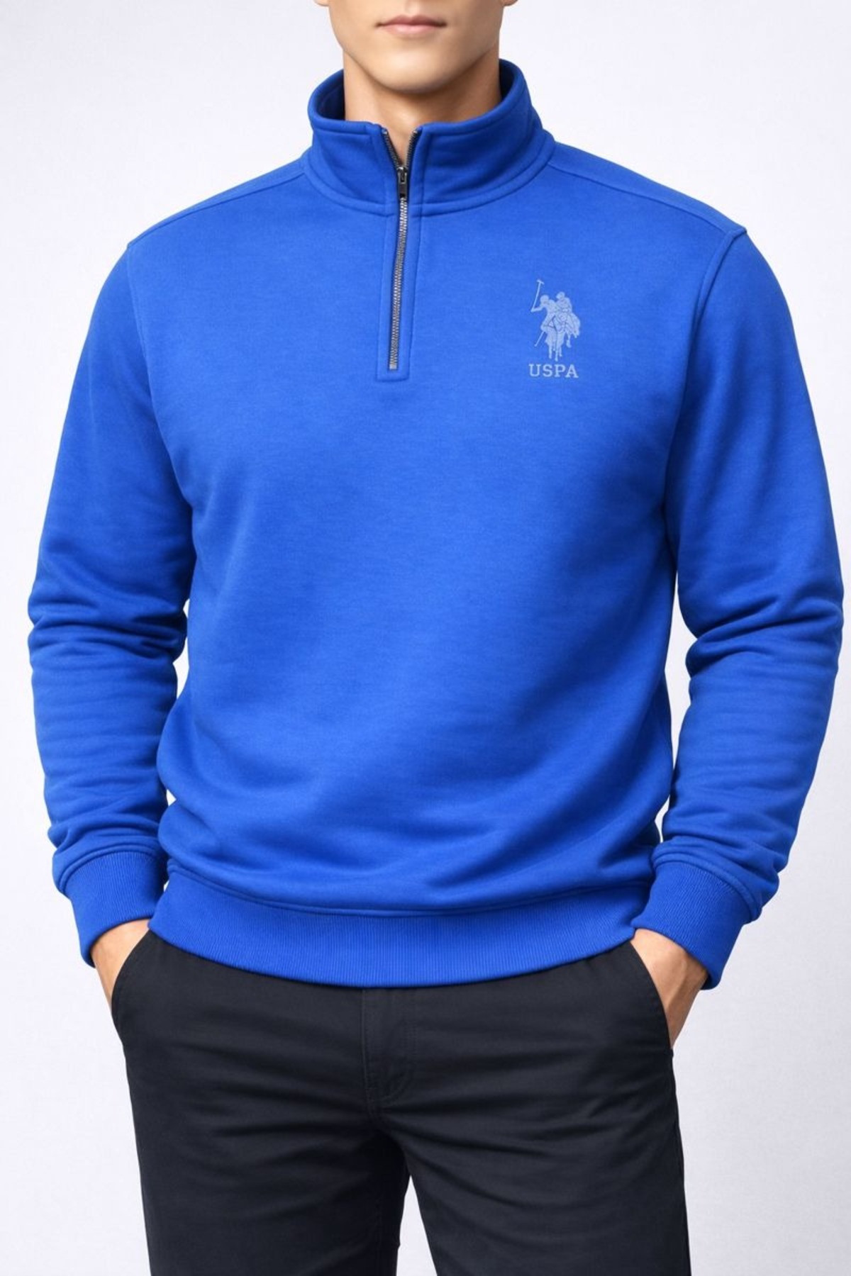 یو اس پولو سویشرت یقه پولو مردانه نیم زیپ برس خورده