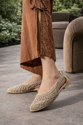 RynModa Kadın Dantel Detaylı Arkası Açık Rahat Örgü Nakışlı Hasır Babet