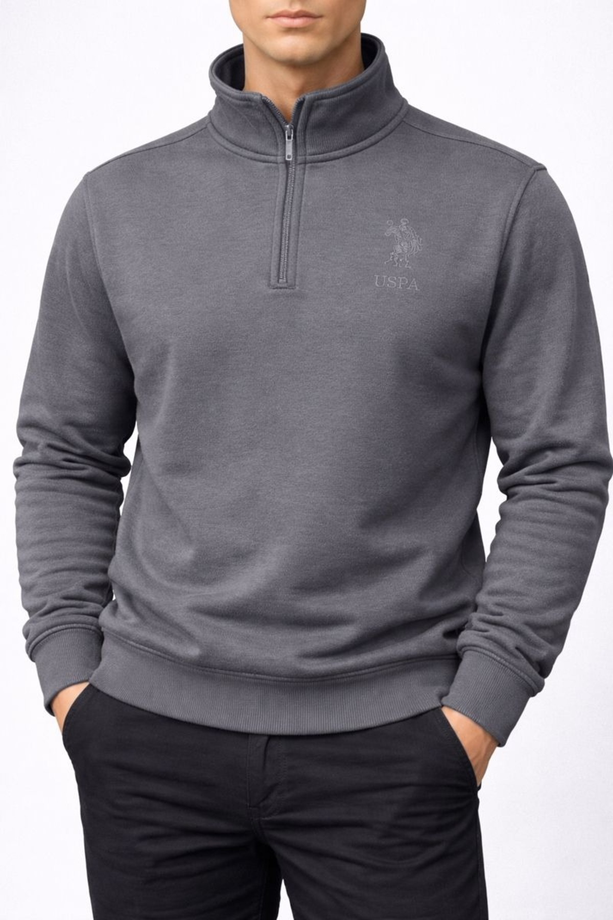 یو اس پولو سویشرت یقه پولو مردانه نیم زیپ برس خورده