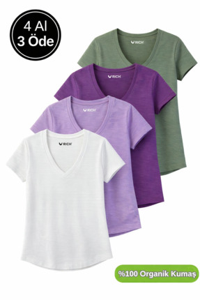 Rich Kadın 4'lü Paket Haki-Mor-Beyaz-Lila %100 Organik Pamuk Tişört V Yaka T-...