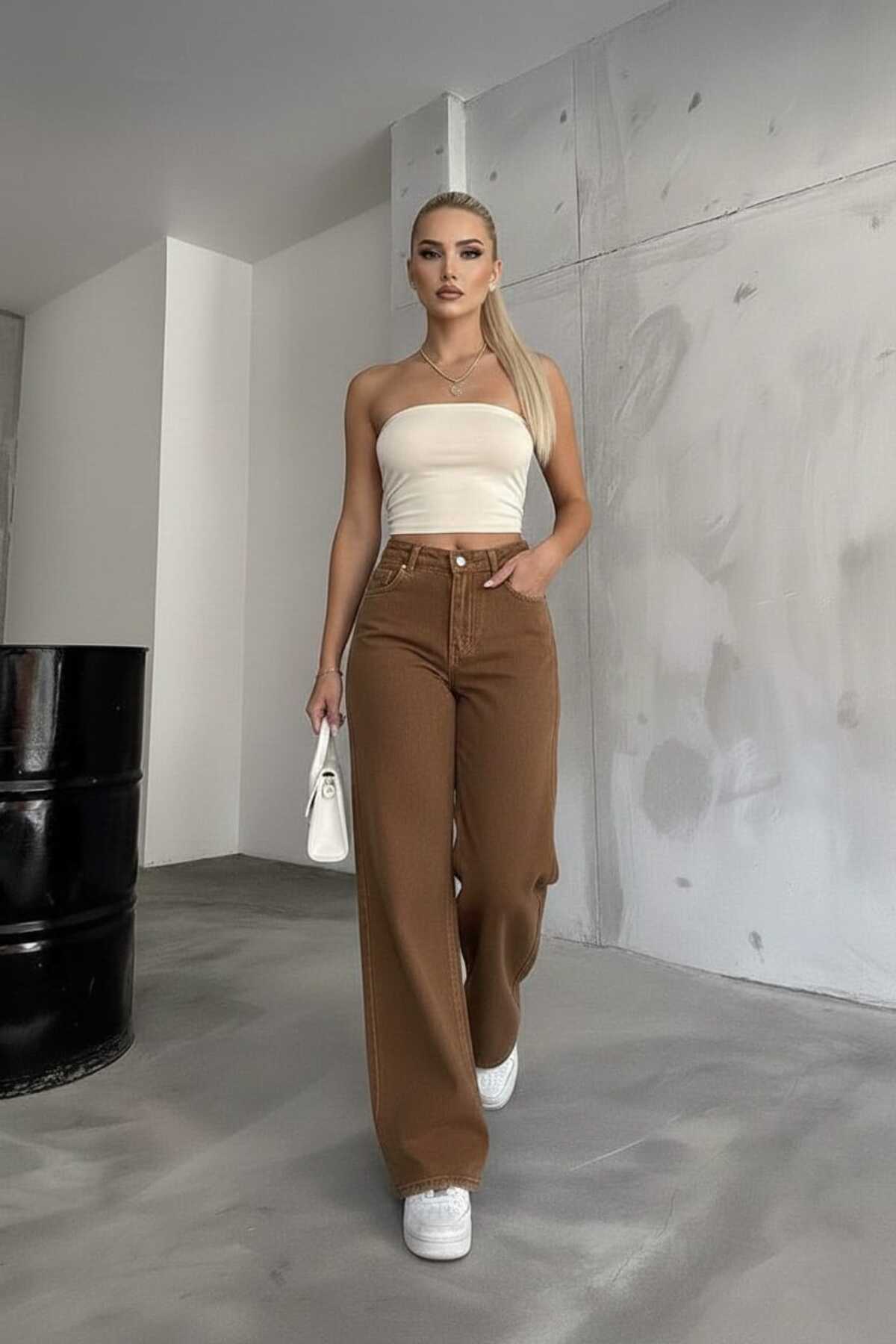 NWC  Kadın Açık Kahverengi Likralı Süper Yüksek Bel Salaş Paça Denim Palazzo Pantolon - Görsel 6