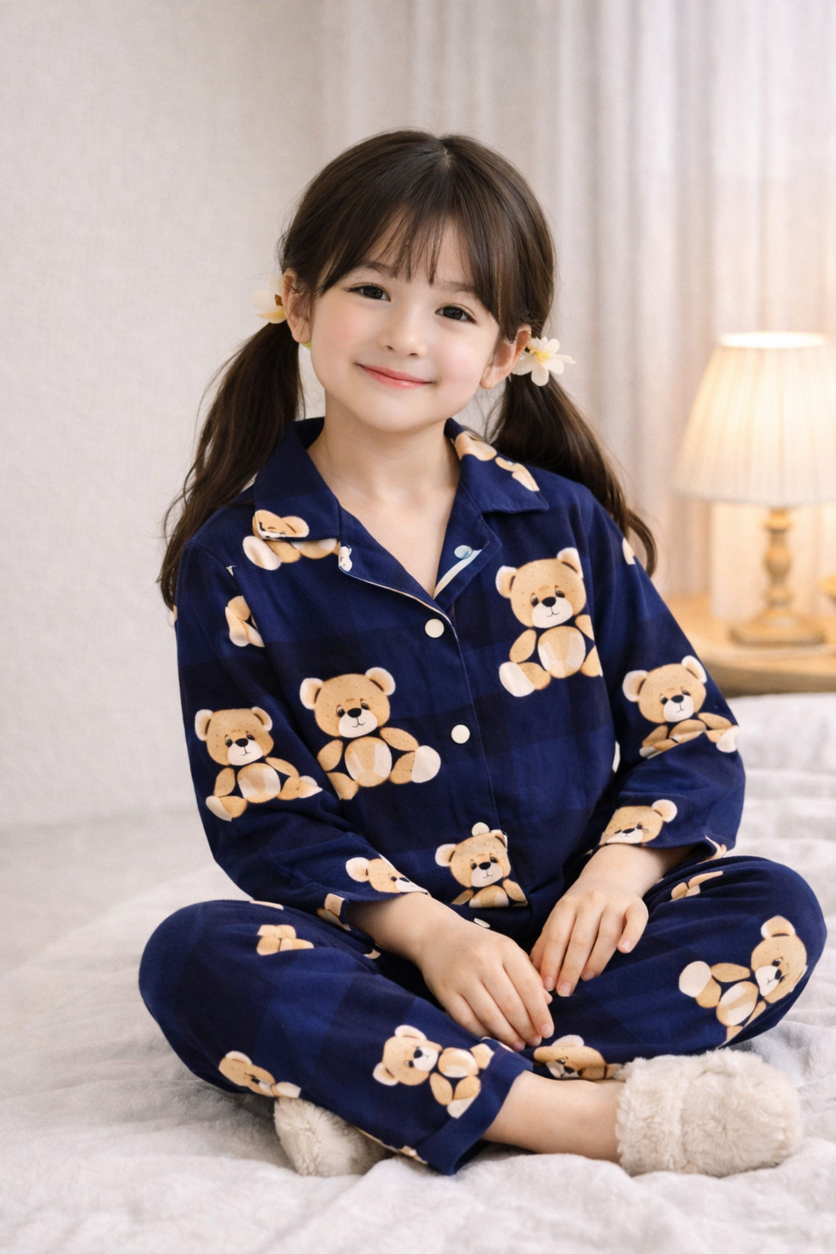 Beka Kids Lacivert Desenli Uzun Kollu Önden Düğmeli Gömlek Yaka Kız Çocuk Pijama Takımı fotoğrafı 4 (önizleme)