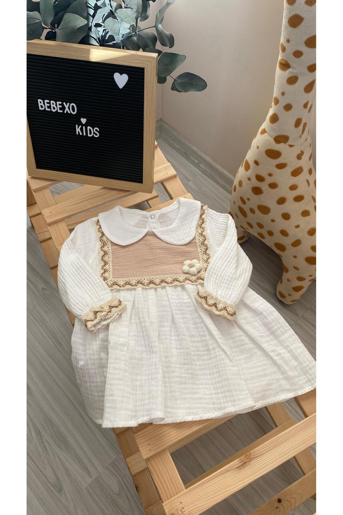 BEBEXO KIDS Kız Bebek Müslin Kumaş Papatyalı Nakış Detaylı Elbise|9-12-18-24 Ay fotoğrafı 4 (önizleme)