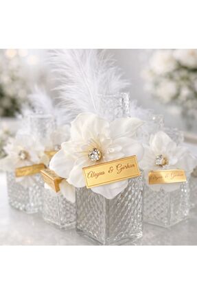 Atelierhüda 10’lu Pleksi İsimlikli Lüks Kare Cam Şişe Nikah Şekeri Nişan Düğü...