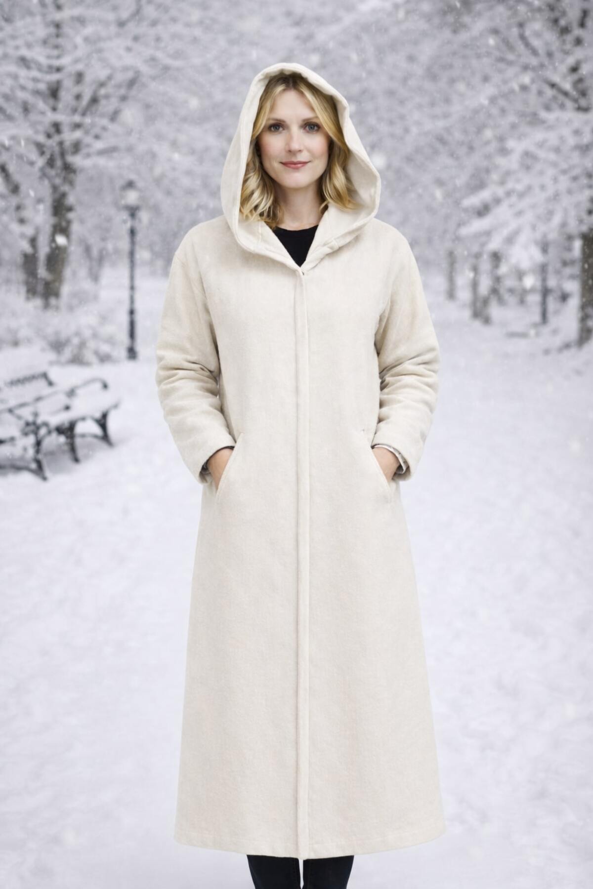 Timburly  Krem Kapüşonlu Astarlı ÇıtÇıt Kapamalı Yumuşak Dokulu Oversize Uzun Kaşe Kaban