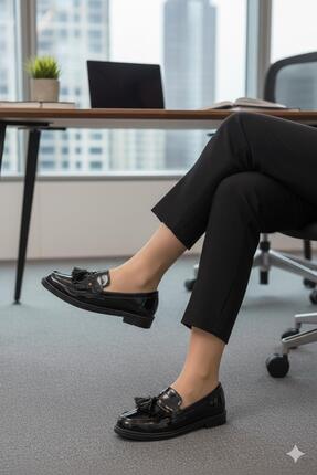 Shoemix Kadın Rugan Siyah Klasik Kiltie Püsküllü Loafer Ayakkabı-Günlük & Ofi...