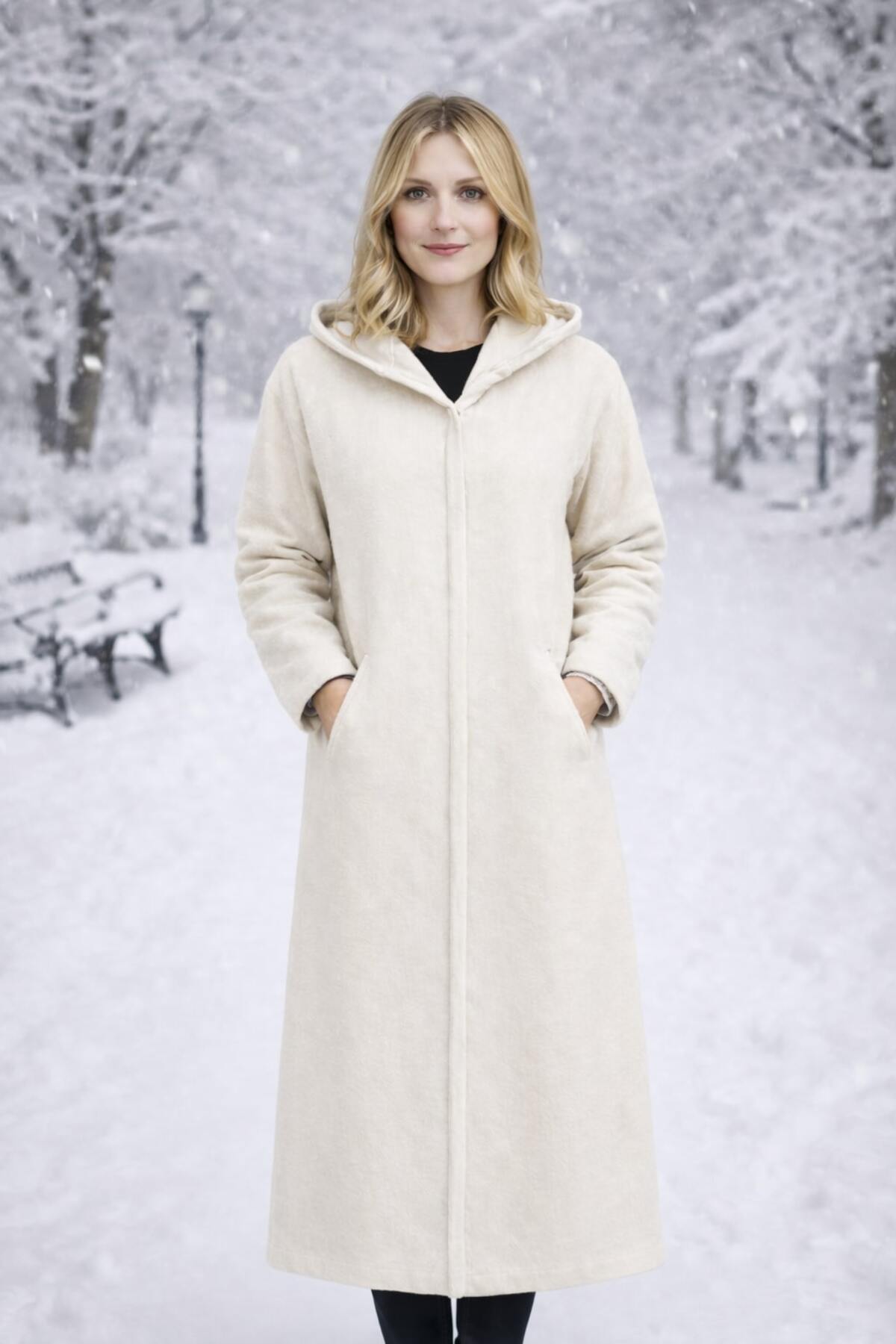 Timburly  Krem Kapüşonlu Astarlı ÇıtÇıt Kapamalı Yumuşak Dokulu Oversize Uzun Kaşe Kaban - Görsel 2