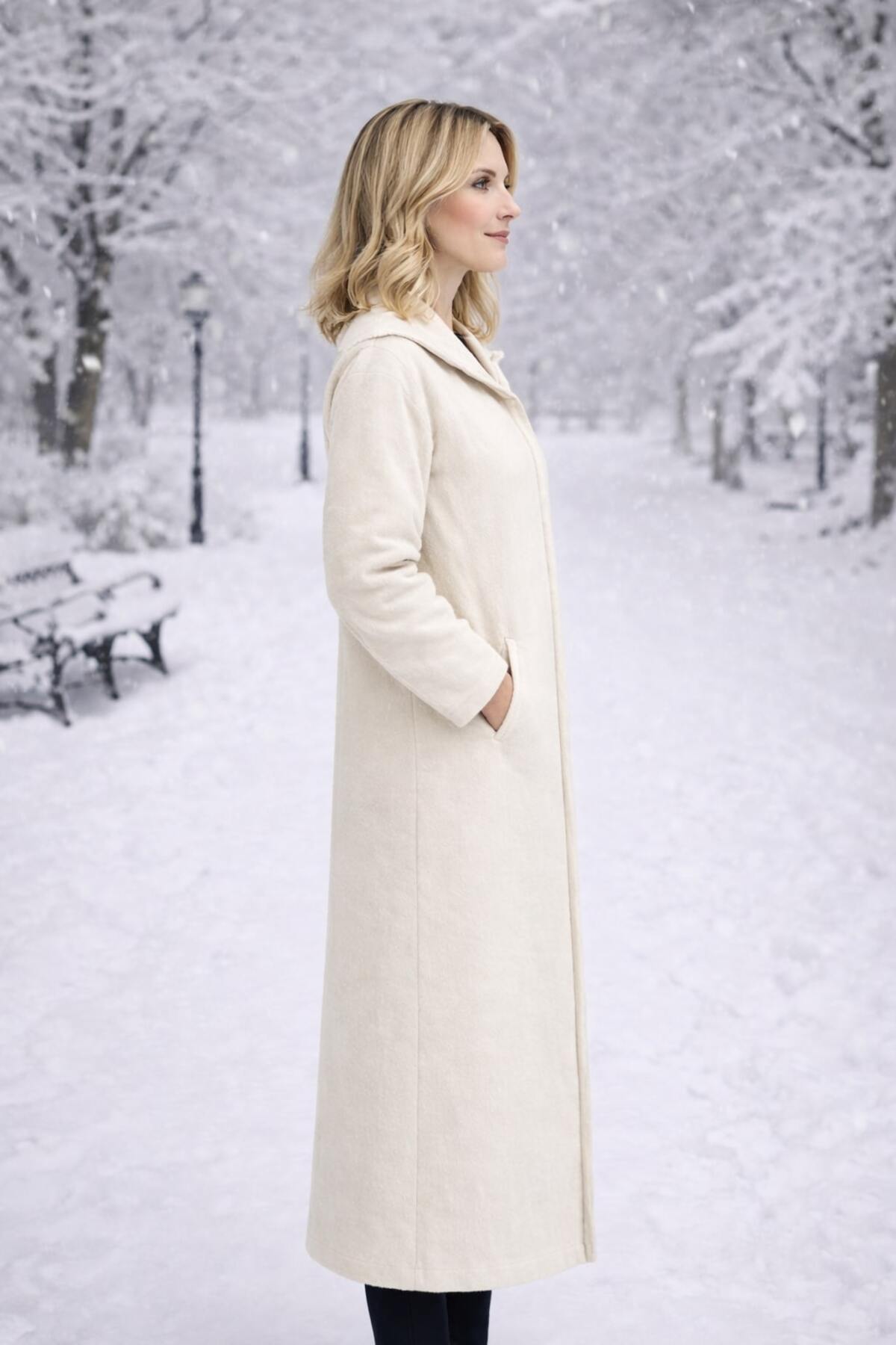 Timburly  Krem Kapüşonlu Astarlı ÇıtÇıt Kapamalı Yumuşak Dokulu Oversize Uzun Kaşe Kaban - Görsel 5