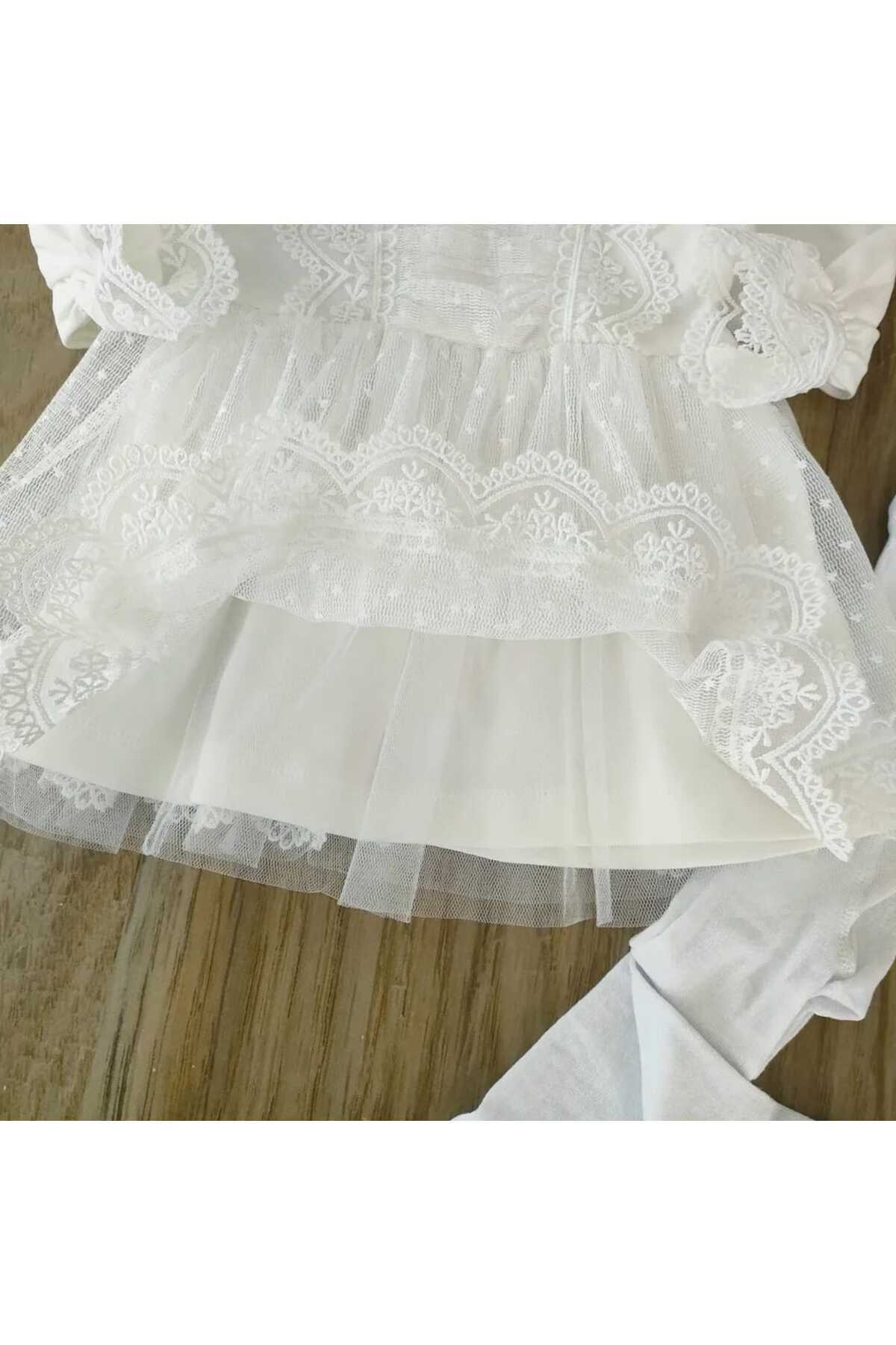bebe kervanı Kız Bebek %100 Pamuk Ekru Fransız Güpürlü İthal Dantelli Mevlüt Elbisesi Özel Gün Takımı BBK1318 fotoğrafı 5 (önizleme)