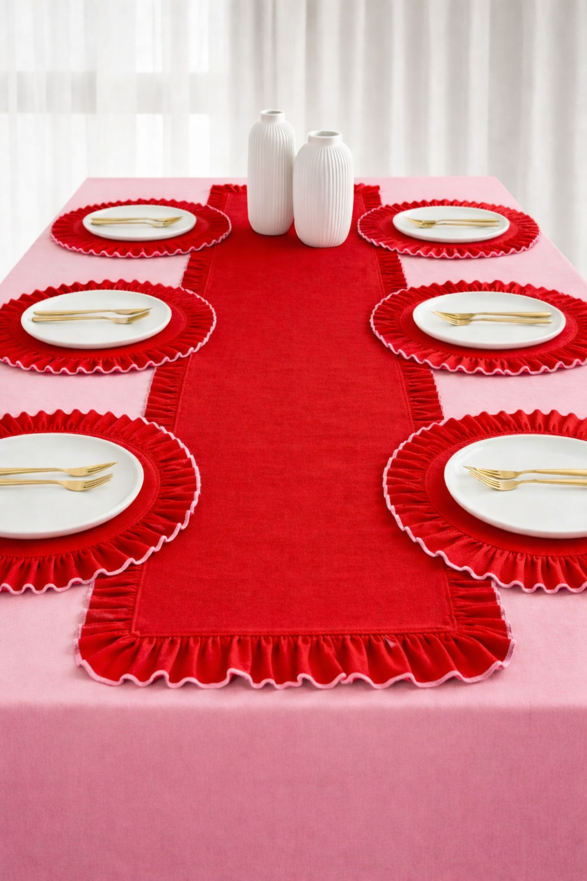 Cotton Linen 6-Piece American Service Underplate and Runner Set | Ruffled Edge, Stylish Tableware Presentation