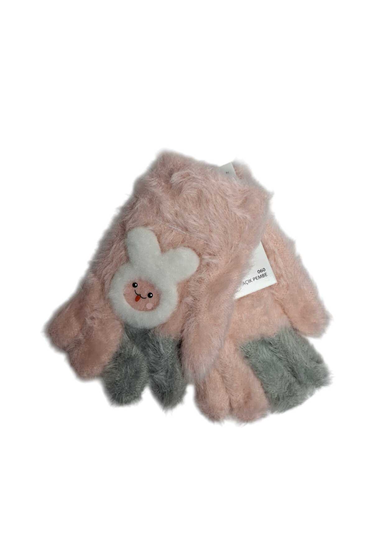 Kitti Spteks 4-8 Yaş Kız Çocuk Açık Pembe Renk Sevimli Tavşan Figürlü Kışlık Örme Eldiven fotoğrafı 4 (önizleme)