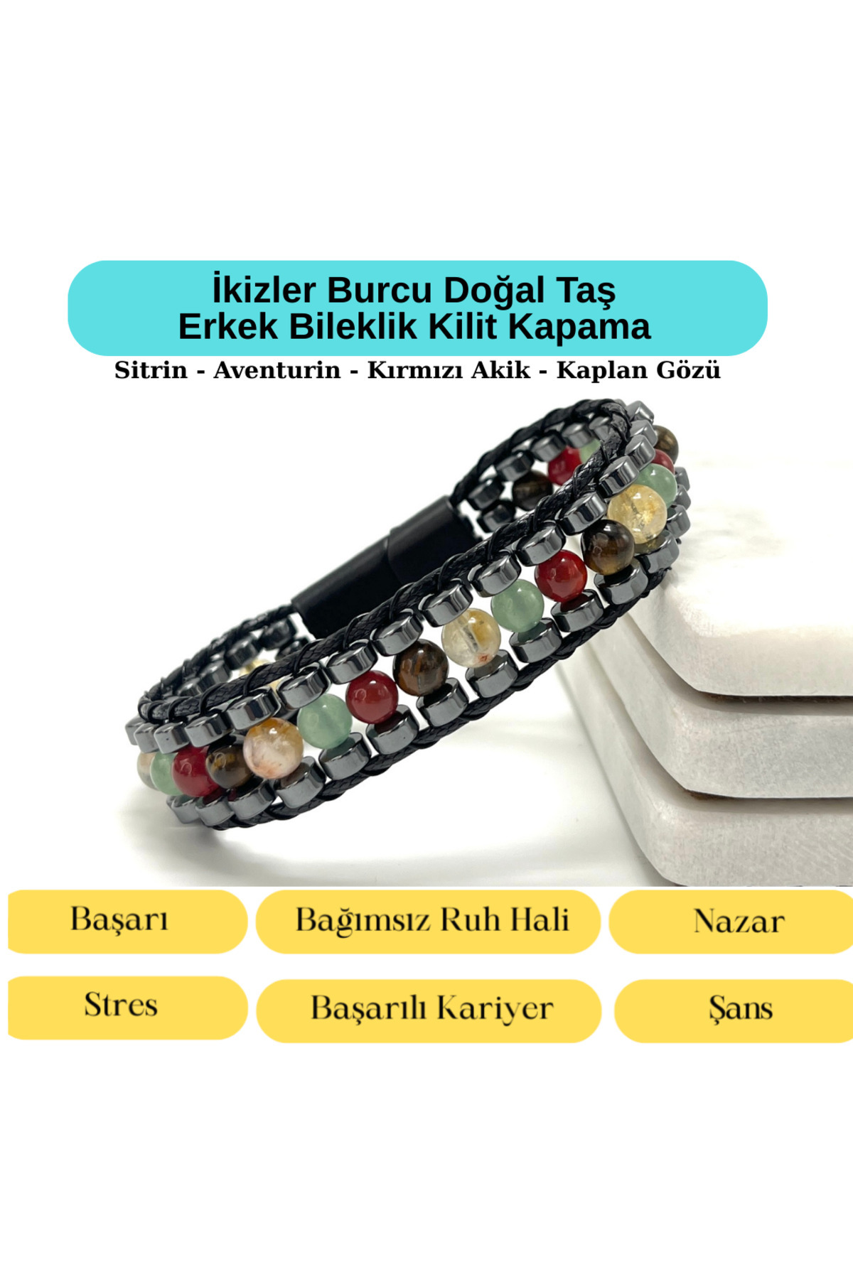 CERTIFIED Gemini Disc Model Natural Stone Men's Bracelet Magnet Lock