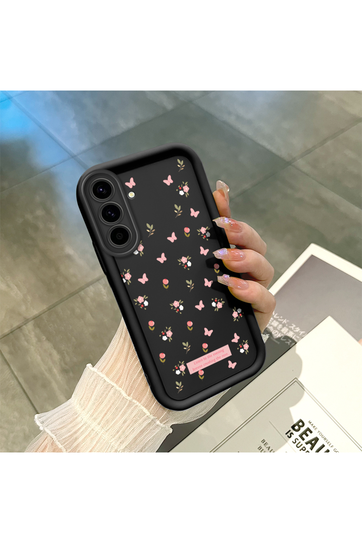 Samsung Galaxy A56 Compatible Black Silicone Lens Protection Shock Absorbing Flexible Case Butterfly Pattern