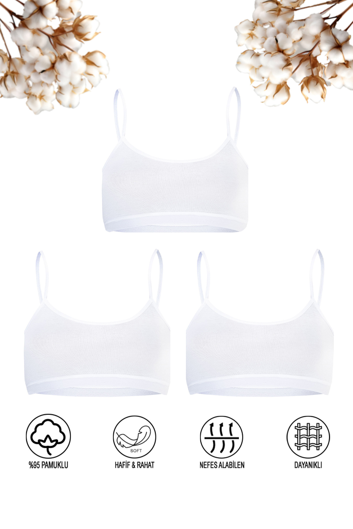 Özkan 42324 3-Pack Girls' 95% Cotton Single Jersey Flexible Comfortable No Pads Thin Strap Training Bra
