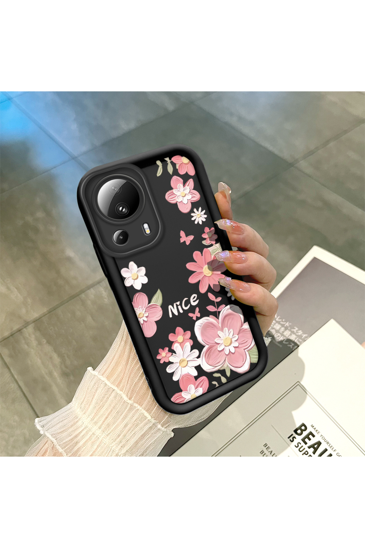 Xiaomi Mi 13 Lite compatible Black Silicone Lens Protection Shock Absorbing Flexible Case Floral Butterfly Pattern