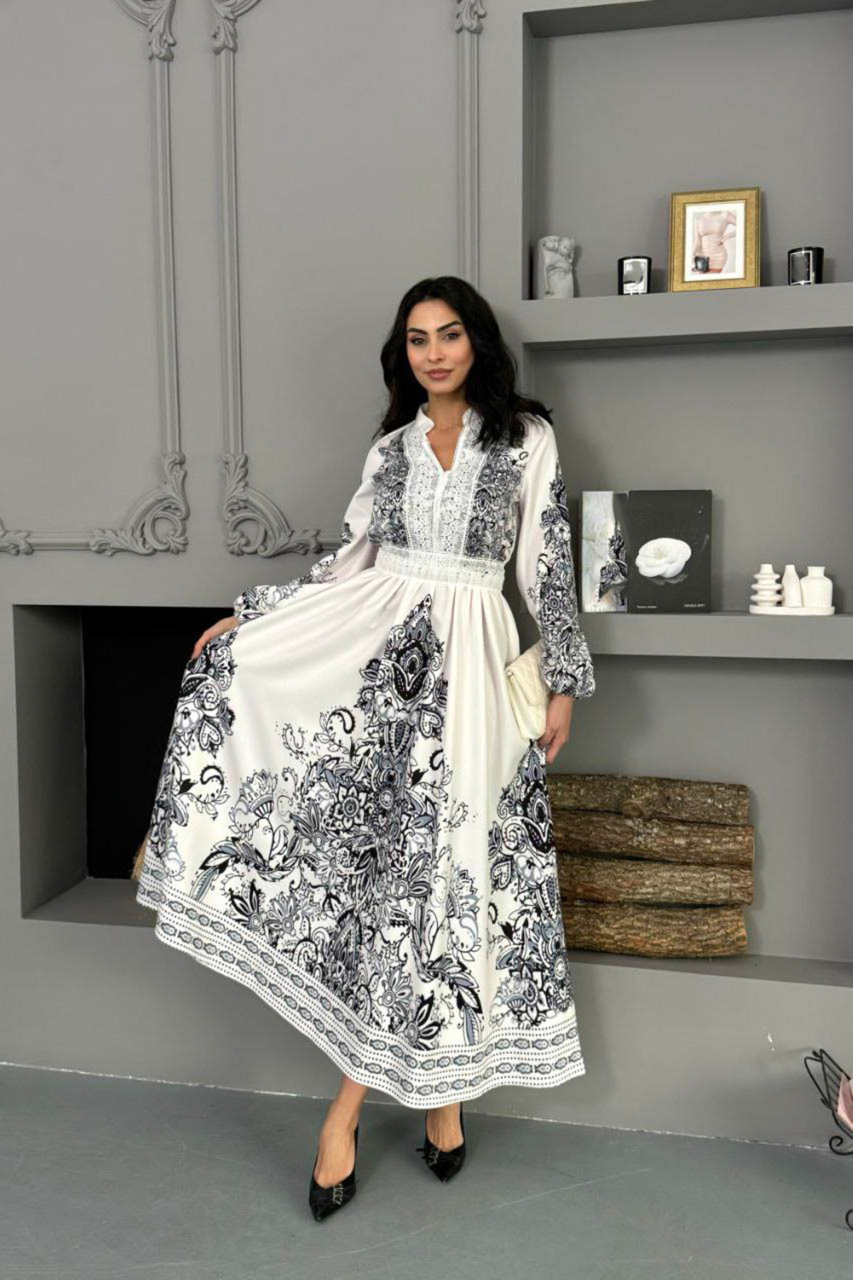 women's black guipure detailed atlas fabric patterned imported dress NBMS25109