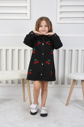 Butik Kız Çocuk Siyah Kiraz Desenli Düğmeli Günlük Elbise