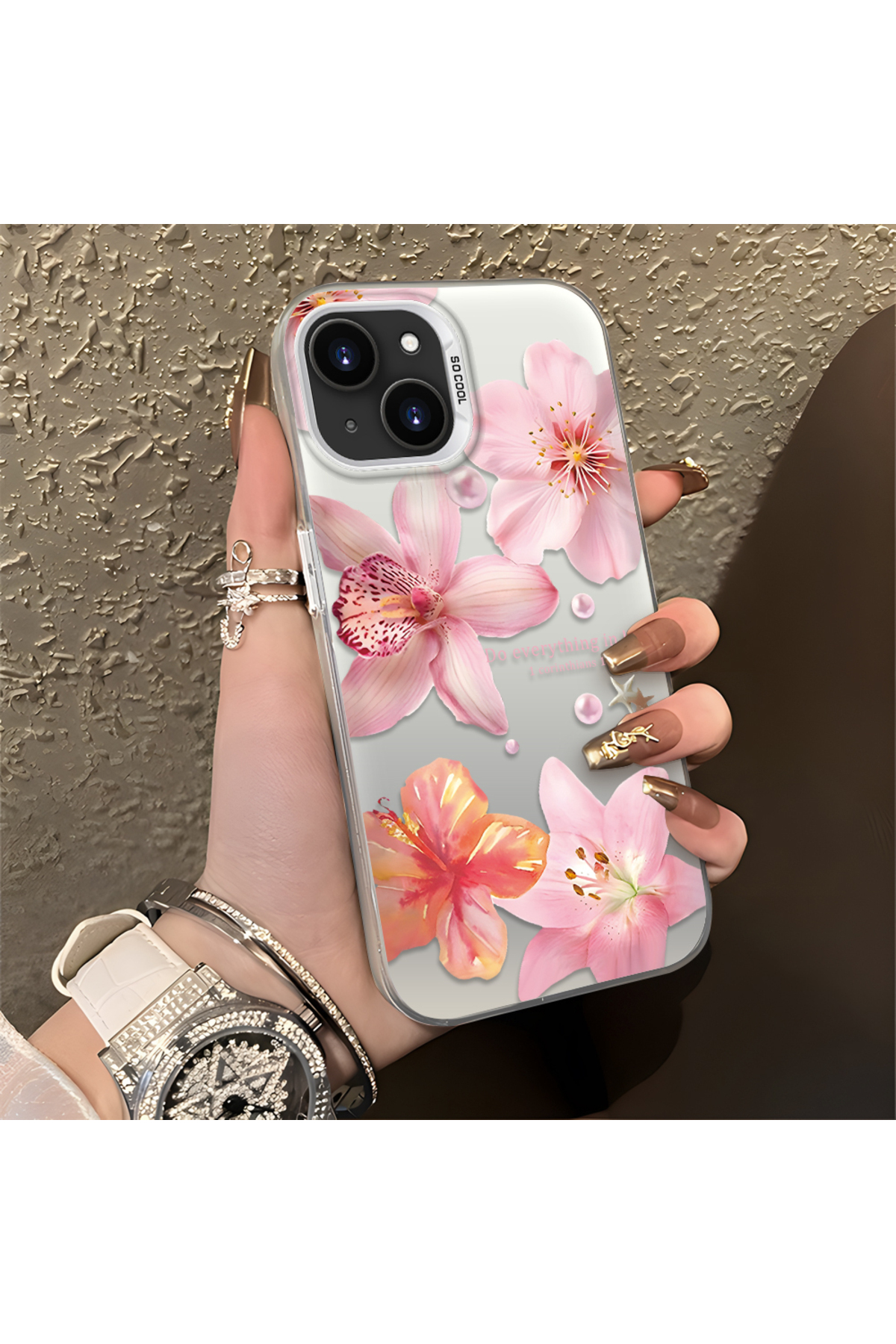 iPhone 13 Compatible Flower Pattern Matte Glossy Surface Impact Protection Colorful Silver Case