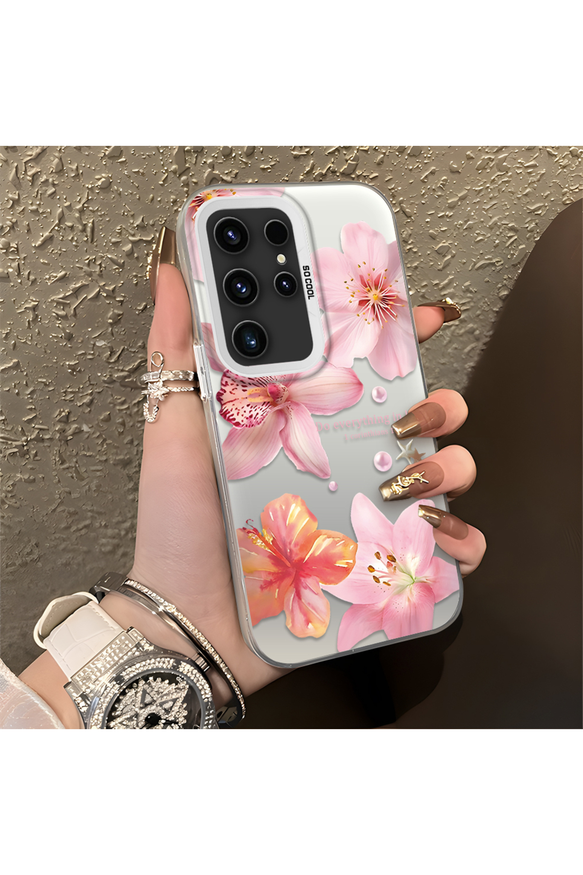Samsung Galaxy S23 Ultra Compatible Flower Pattern Matte Glossy Surface Impact Protection Colorful Silver Case