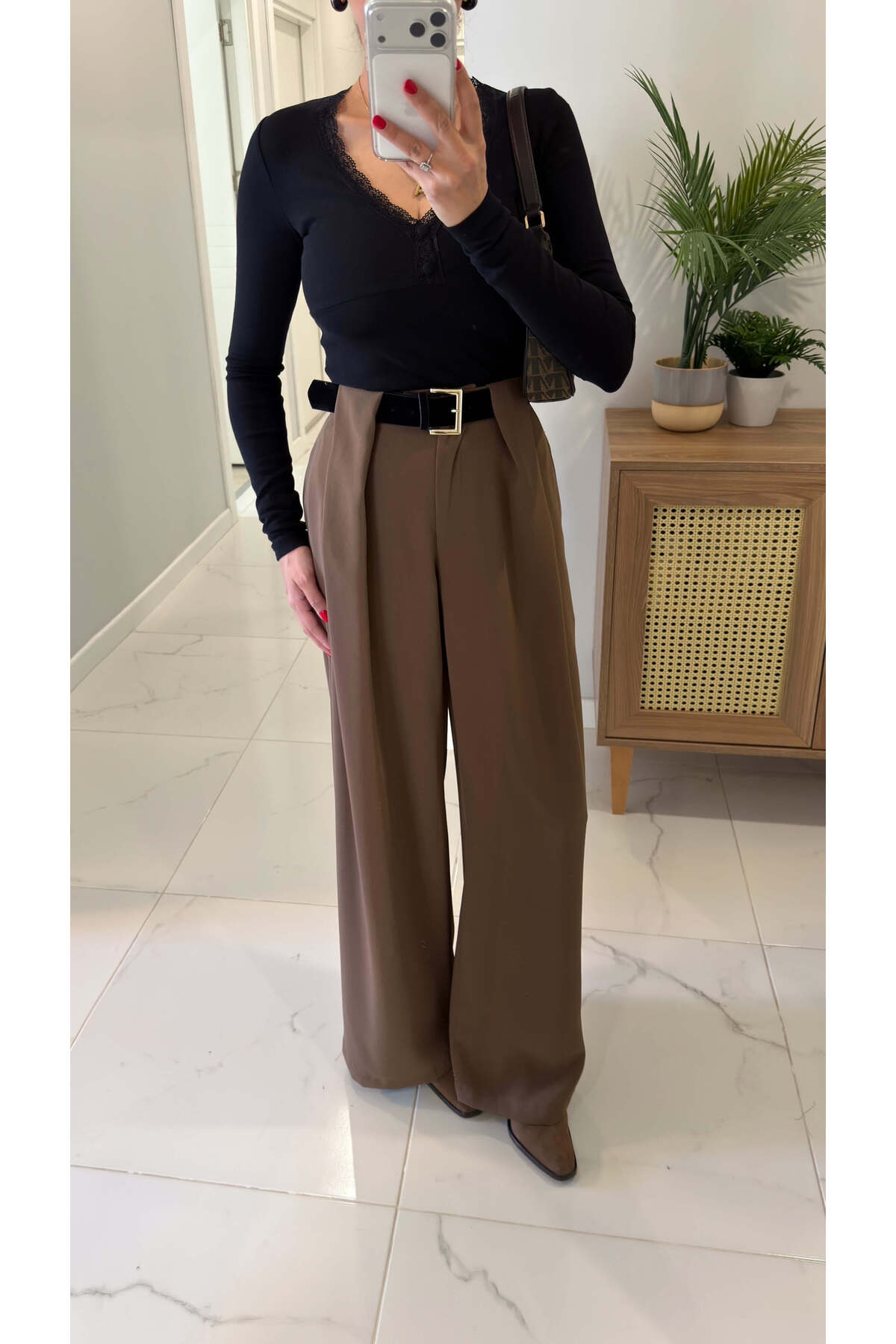 BİRCANÇİL  Ketryy Kahve Köprü Detaylı Kemerli Palazzo Pantolon - Görsel 2