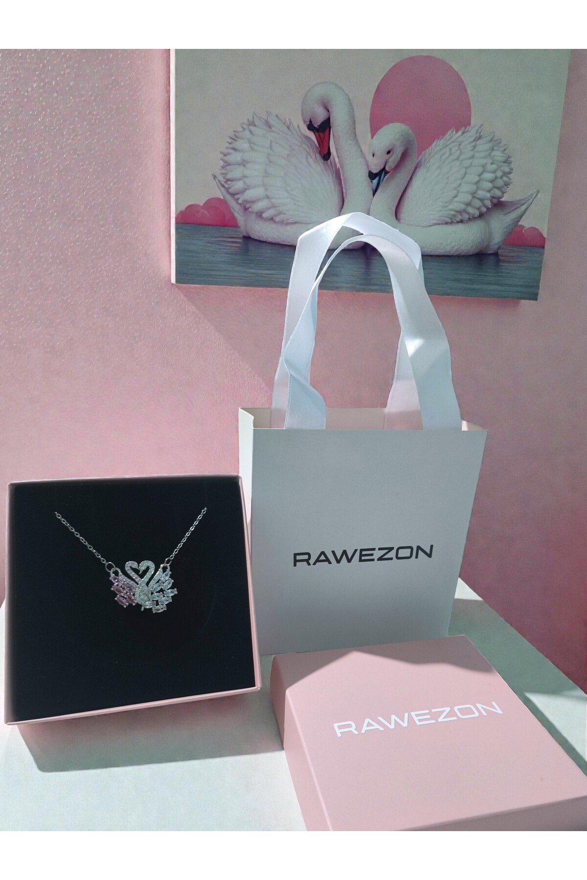 Pink White Gemstone Steel Double Swan Necklace with Box and Bag -Valentine Gift Birthday Friend