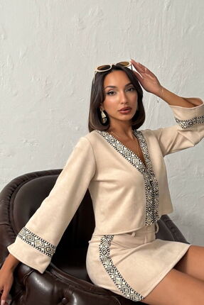 TOPSHOW Şerit Detaylı Scuba Süet Fermuarlı Ceket