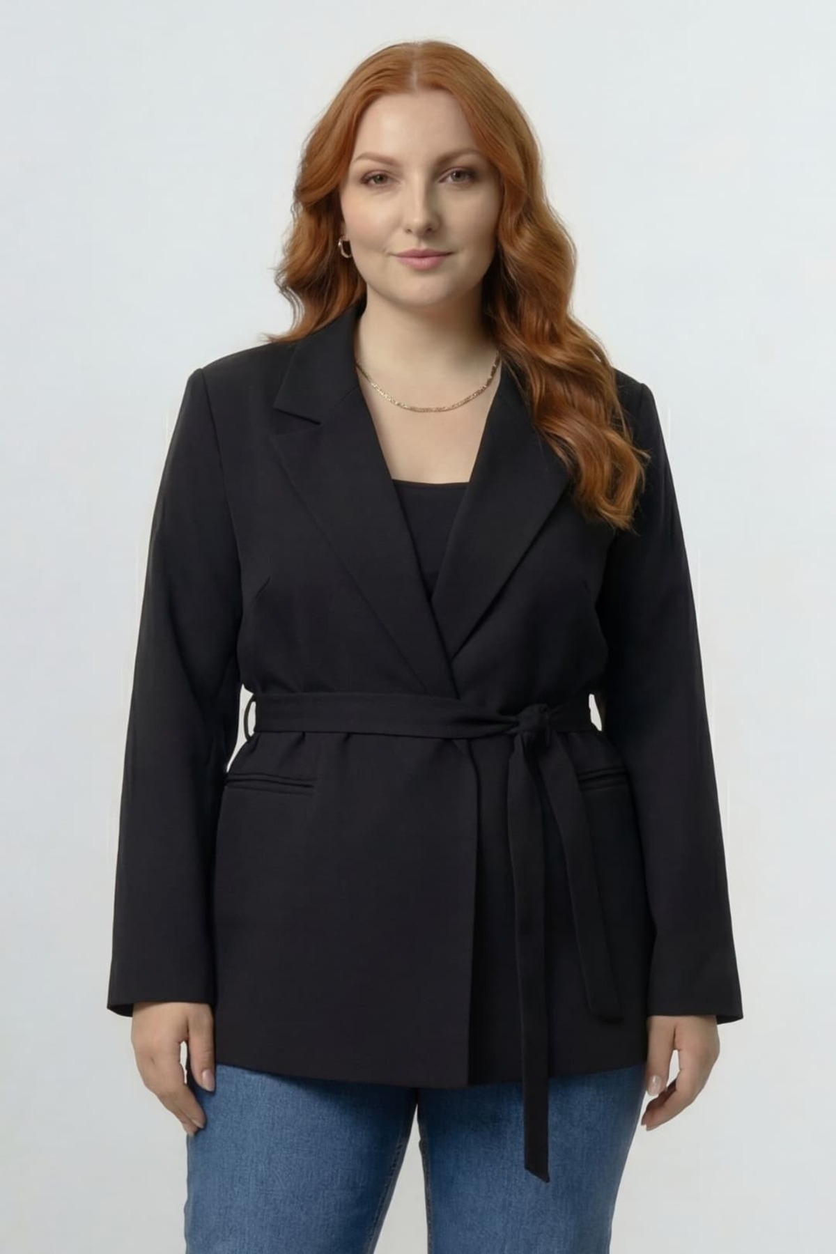 Premium Series Women's Plus Size Oversized Belted Blazer Jacket Black – Stylish Model with Lining