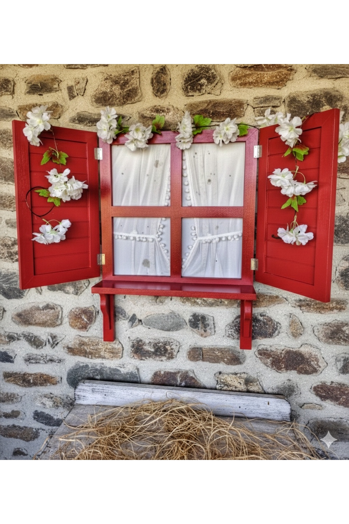Wooden window design with pink shutters and curtains, 100×70cm space,garden,balcony,terrace,cafe decor