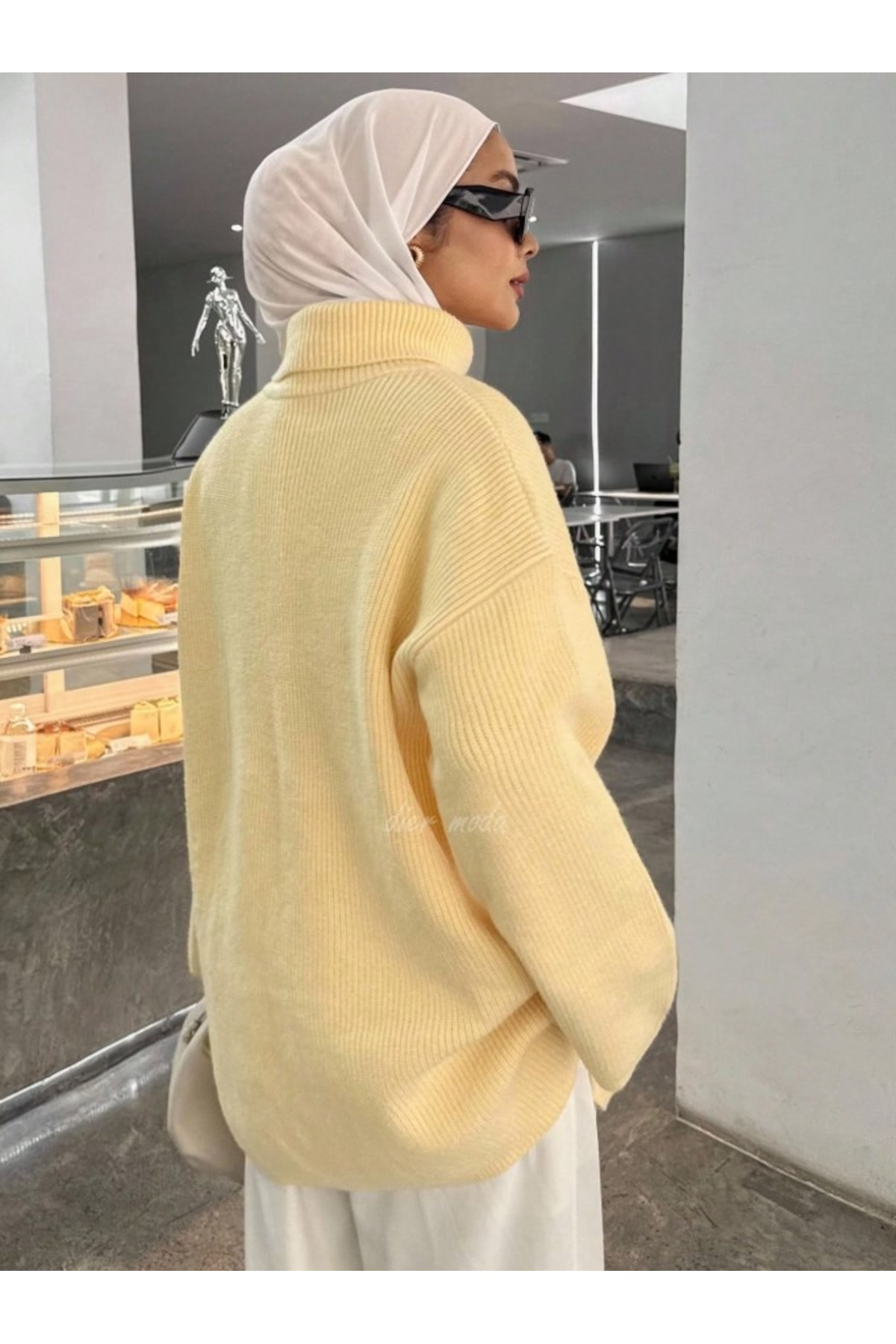 Dier Moda Kadın Sarı Balıkçı Yaka Düşük Omuz Geniş Kesim Triko Kazak Fmoda8084 görsel 7