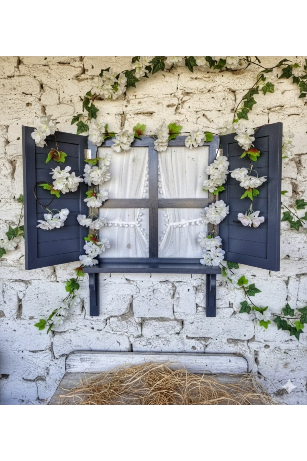 Wooden window design with pink shutters and curtains, 100×70cm space,garden,balcony,terrace,cafe decor