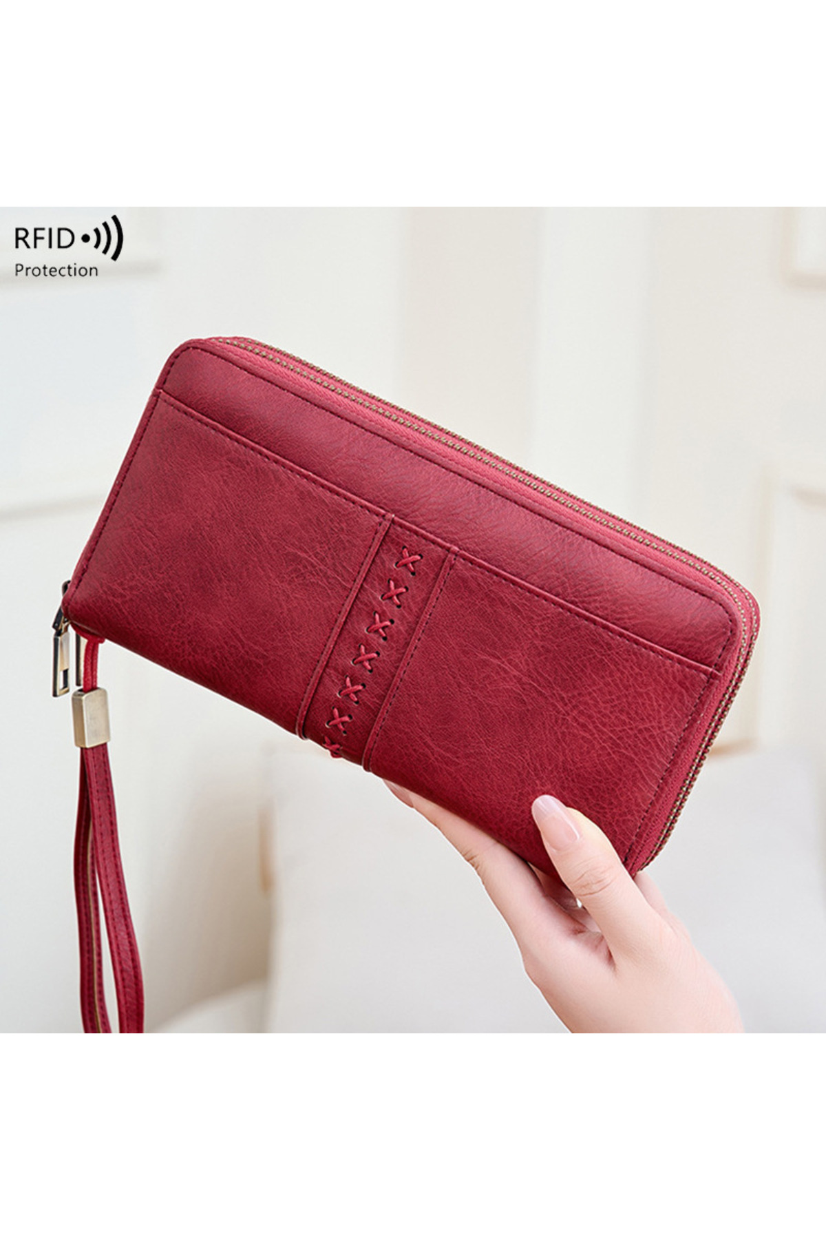 Women's Handbag Leather Look Portfolio Bag with Wrist Strap Bohemian Style Embroidery