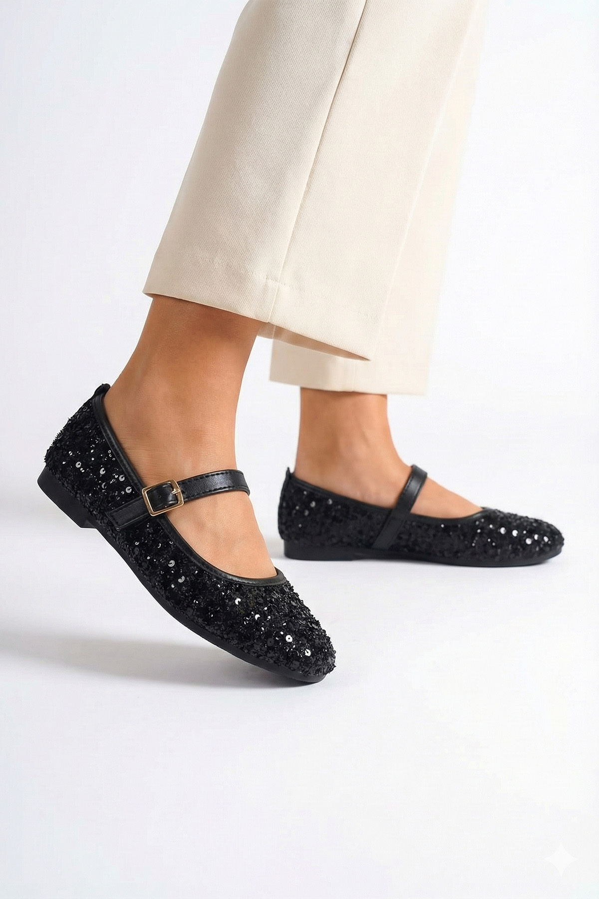 StWenn  Siyah Pullu Simli Payetli Mary Jane Babet Şık Tokalı Ortopedik Taban Günlük Ayakkabı - Görsel 7
