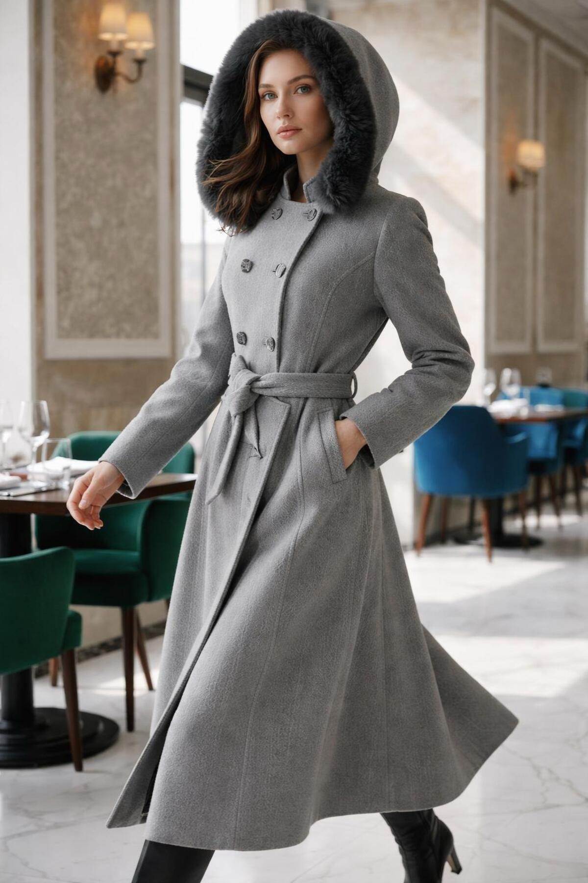 ESİN GİYİM  Kruvaze Düğmeli Kuşaklı Kapşonlu Kaşe Kaban - Görsel 2