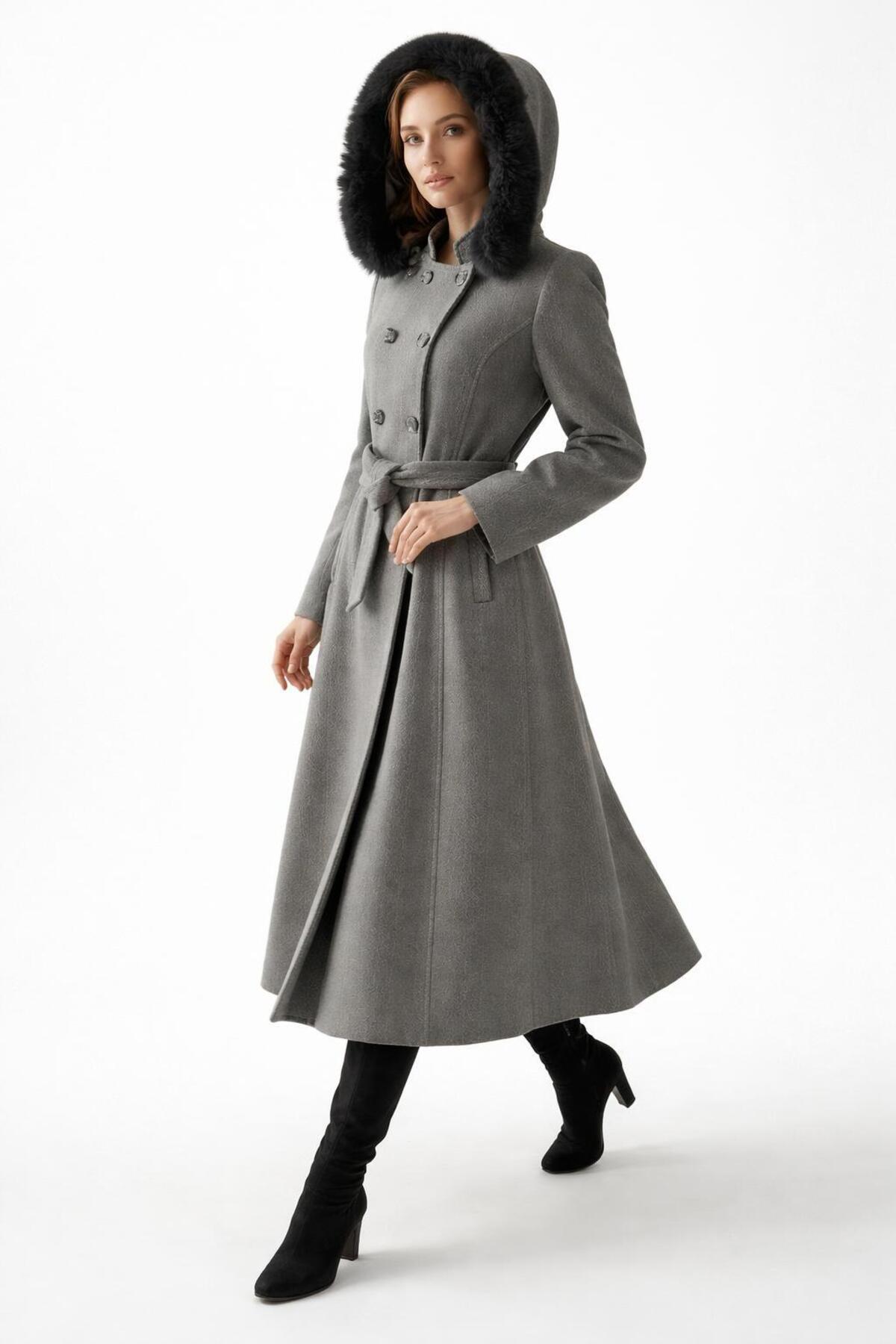 ESİN GİYİM  Kruvaze Düğmeli Kuşaklı Kapşonlu Kaşe Kaban - Görsel 3