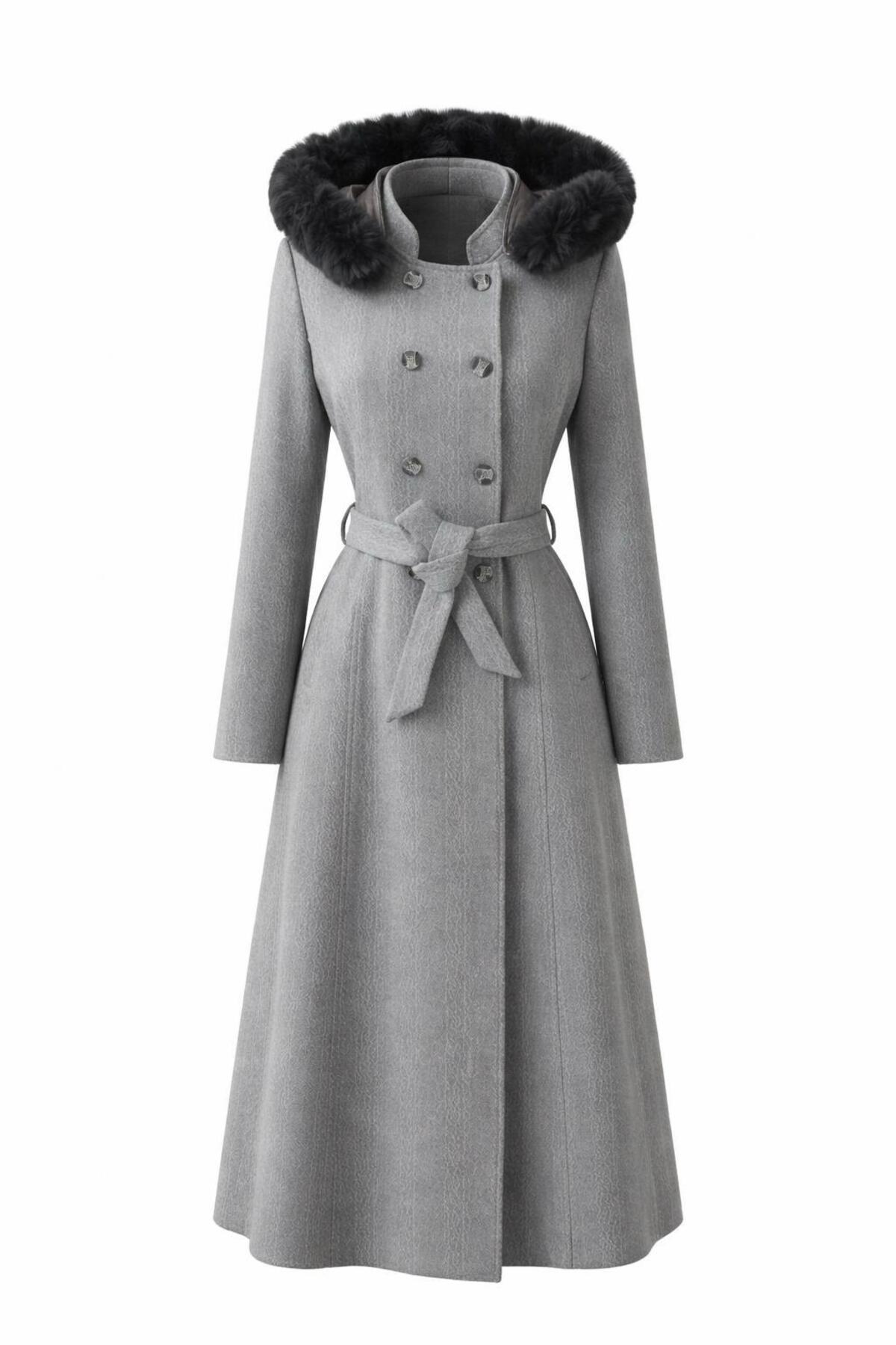 ESİN GİYİM  Kruvaze Düğmeli Kuşaklı Kapşonlu Kaşe Kaban