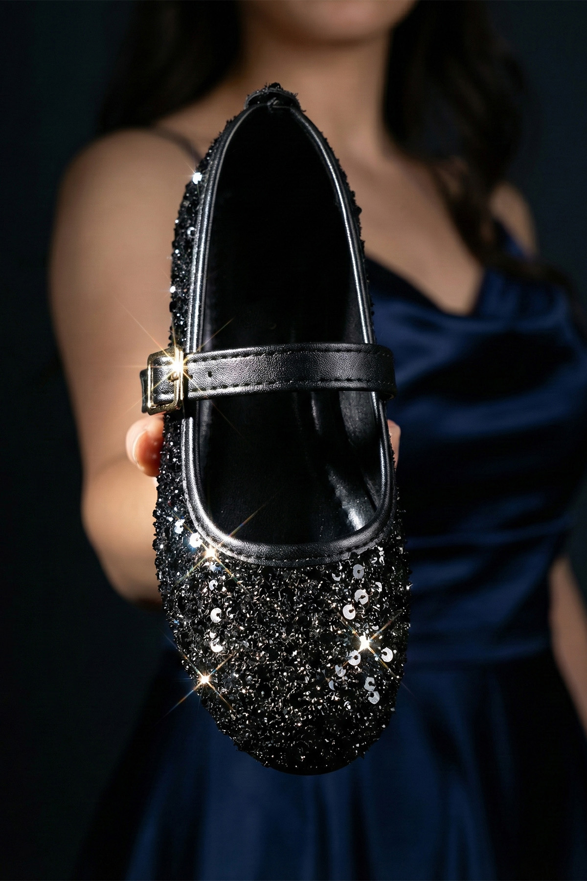 StWenn  Siyah Pullu Simli Payetli Mary Jane Babet Şık Tokalı Ortopedik Taban Günlük Ayakkabı - Görsel 4