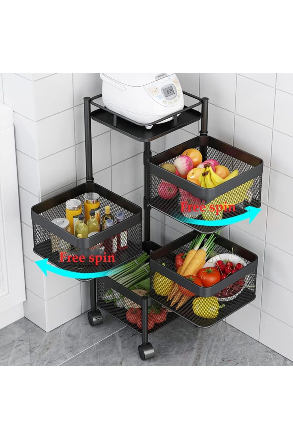 منظم دوار وسلة فواكه وخضروات بعجلات – رف تخزين متحرك متعدد الطبقات للمطبخ