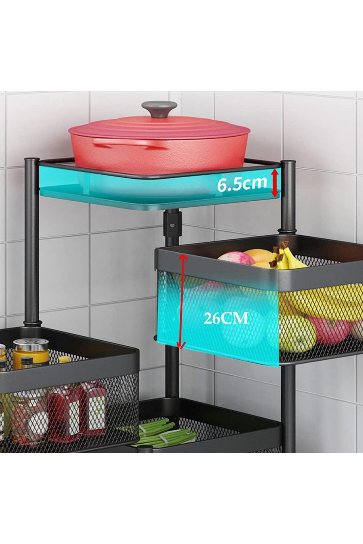 منظم دوار وسلة فواكه وخضروات بعجلات – رف تخزين متحرك متعدد الطبقات للمطبخ