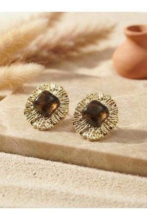 shesra Mengüer 14 Ayar Altın Kaplama Çelik Kahverengi Taşlı Vintage Dövme Küp...