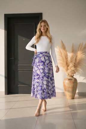 Enerji giyim Mor Beyaz Desenli Kuşaklı Anvelop (Sarma) Uzun Etek – Suprem Pen...