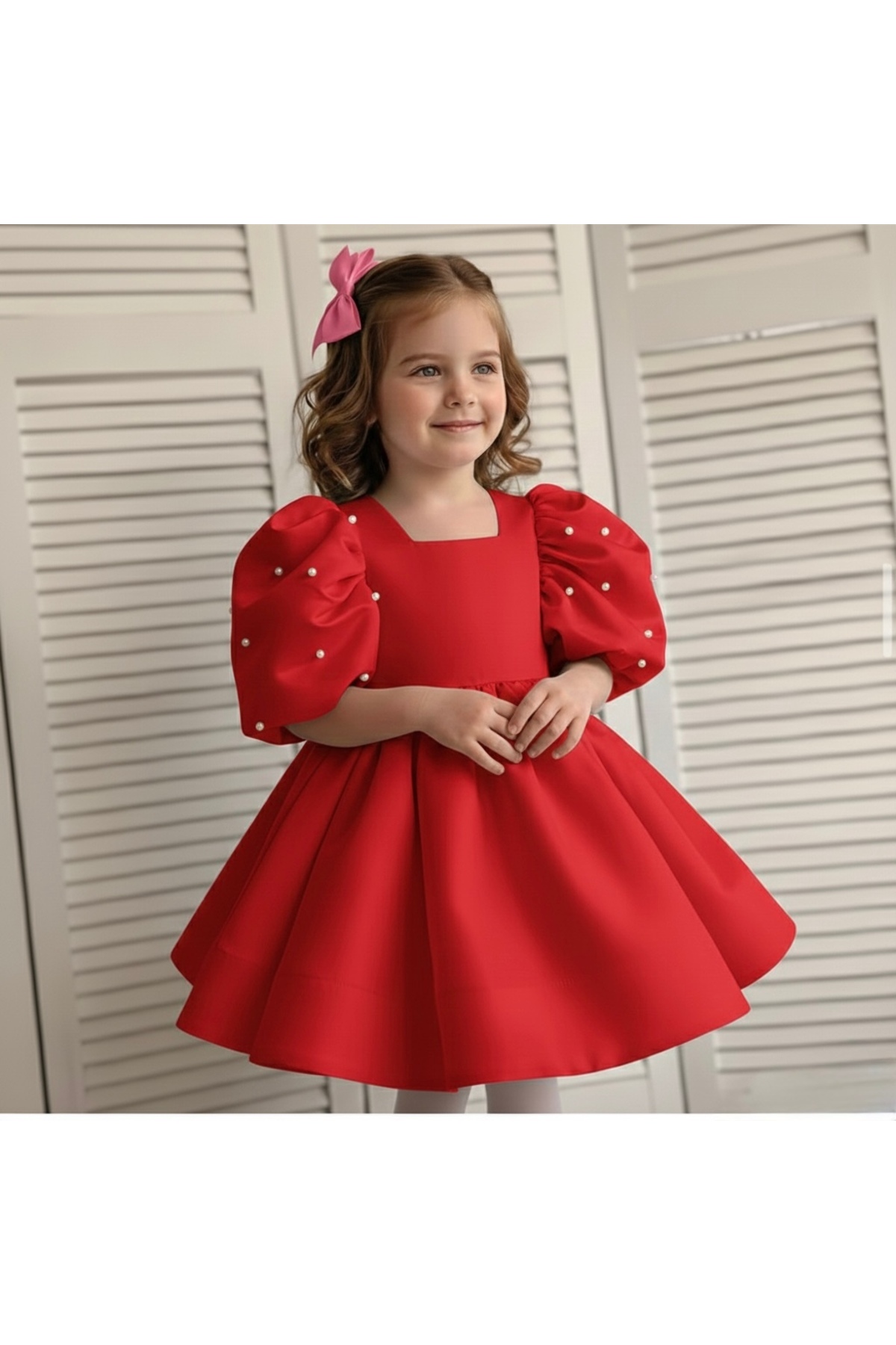 Asel Kids Kız Çocuk İnci Detaylı Balon Kol Mini Elbise