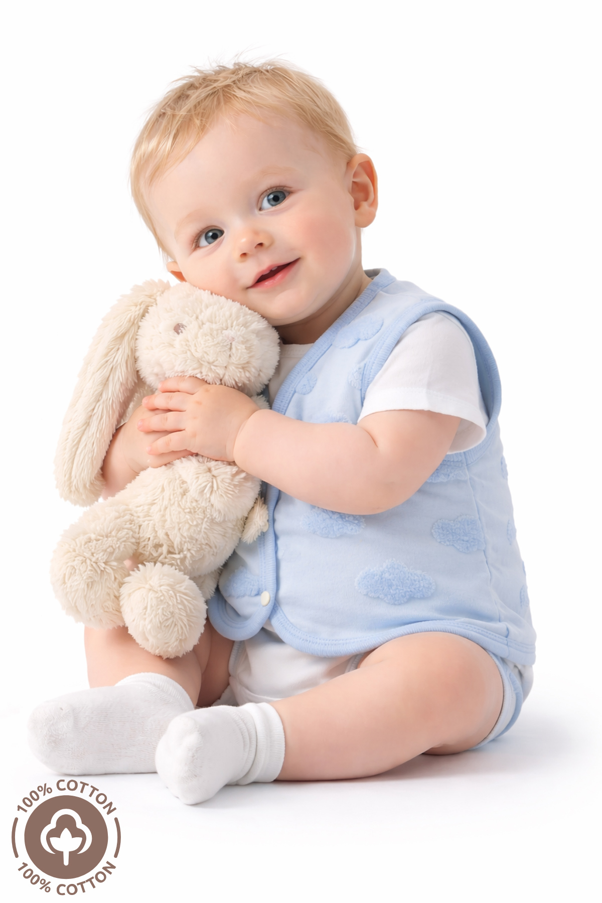 Miniel Unisex Bebek Bulut Desenli Organik Pamuklu Çift Kat Astarlı Bebek Yelek fotoğrafı 3 (önizleme)