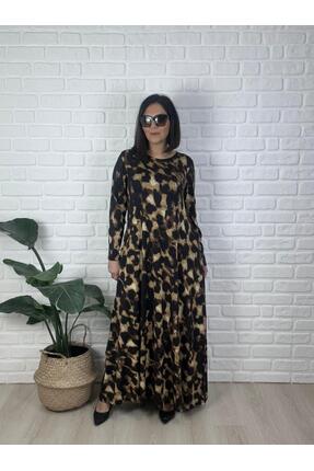 charamela Büyük Beden L,ikralı Viskon Penye Leopar Desenli Elbise -BGE145