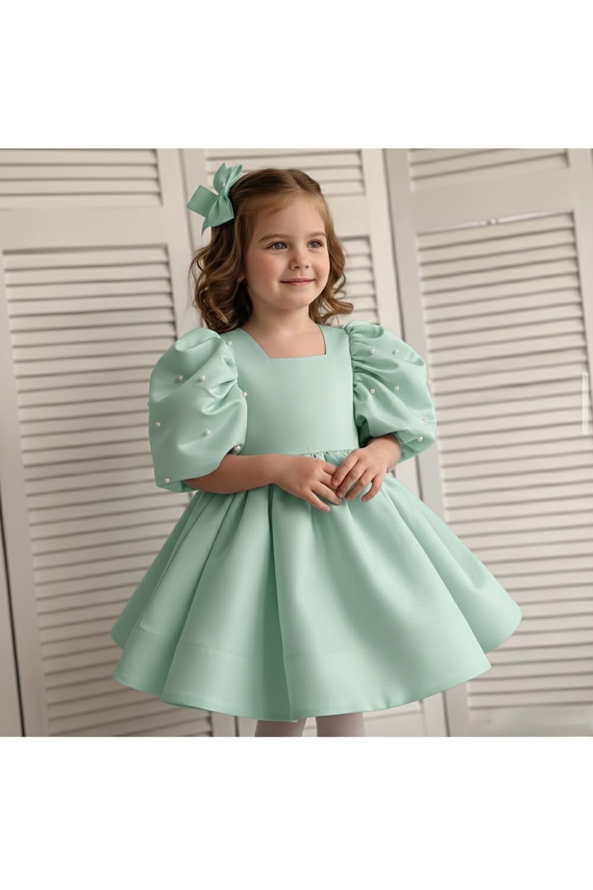 Asel Kids Kız Çocuk İnci Detaylı Balon Kol Mini Elbise