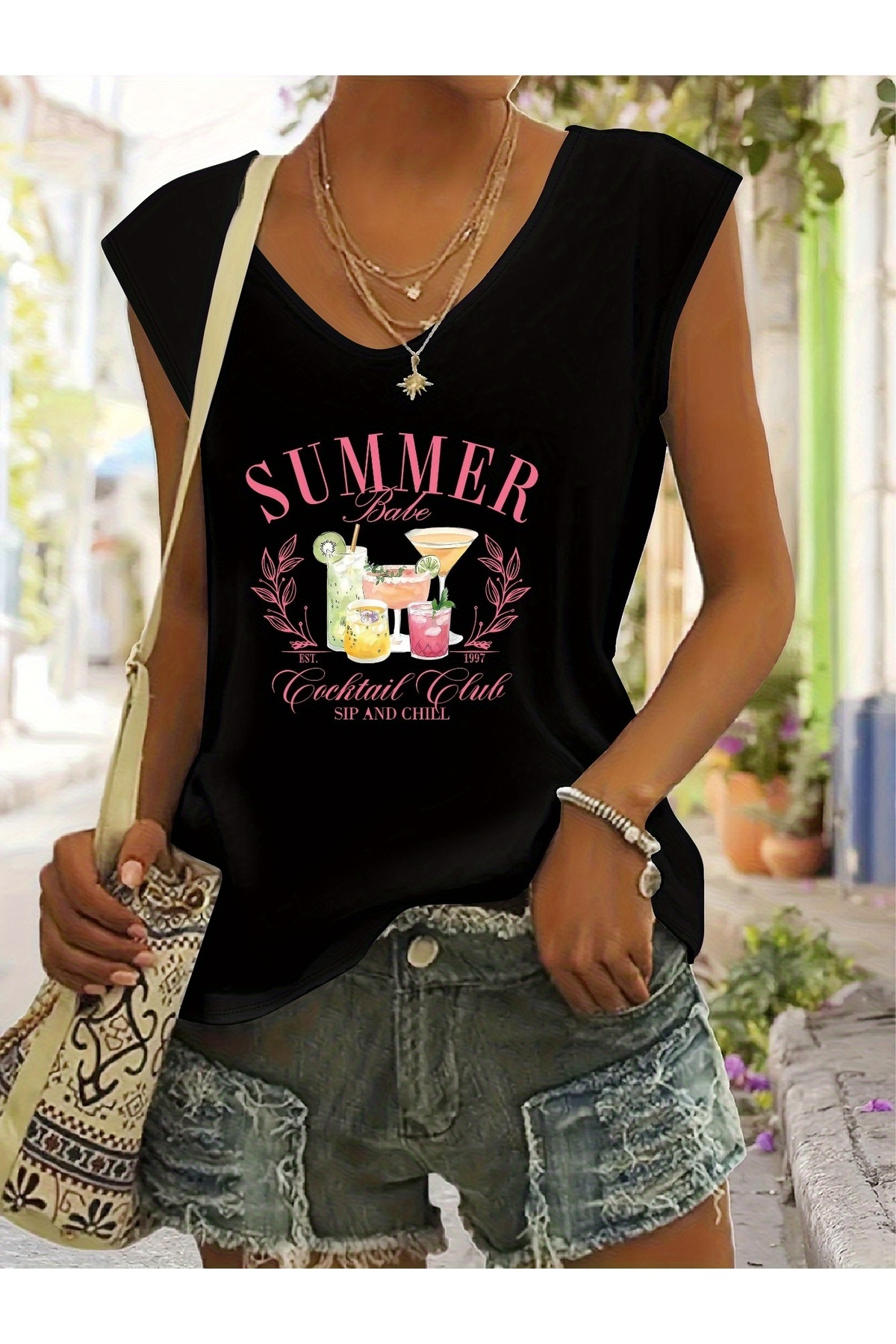 Women's Sleeveless V-Neck Printed Casual Cut Loose Fit T-shirt