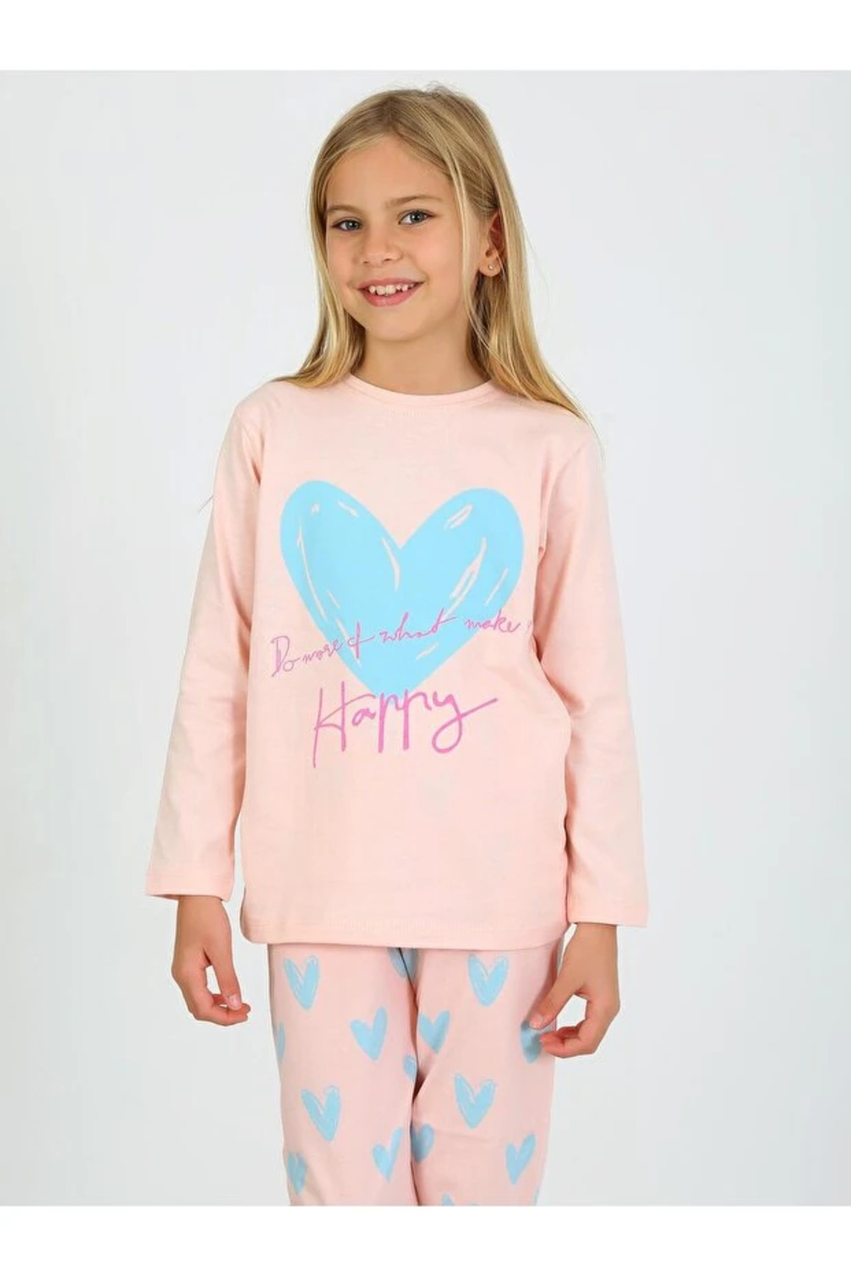 Little Miny Kids Kalp Desen %100 Pamuk Pudra Pembe Kız Çocuk Pijama Takım fotoğrafı 2 (önizleme)