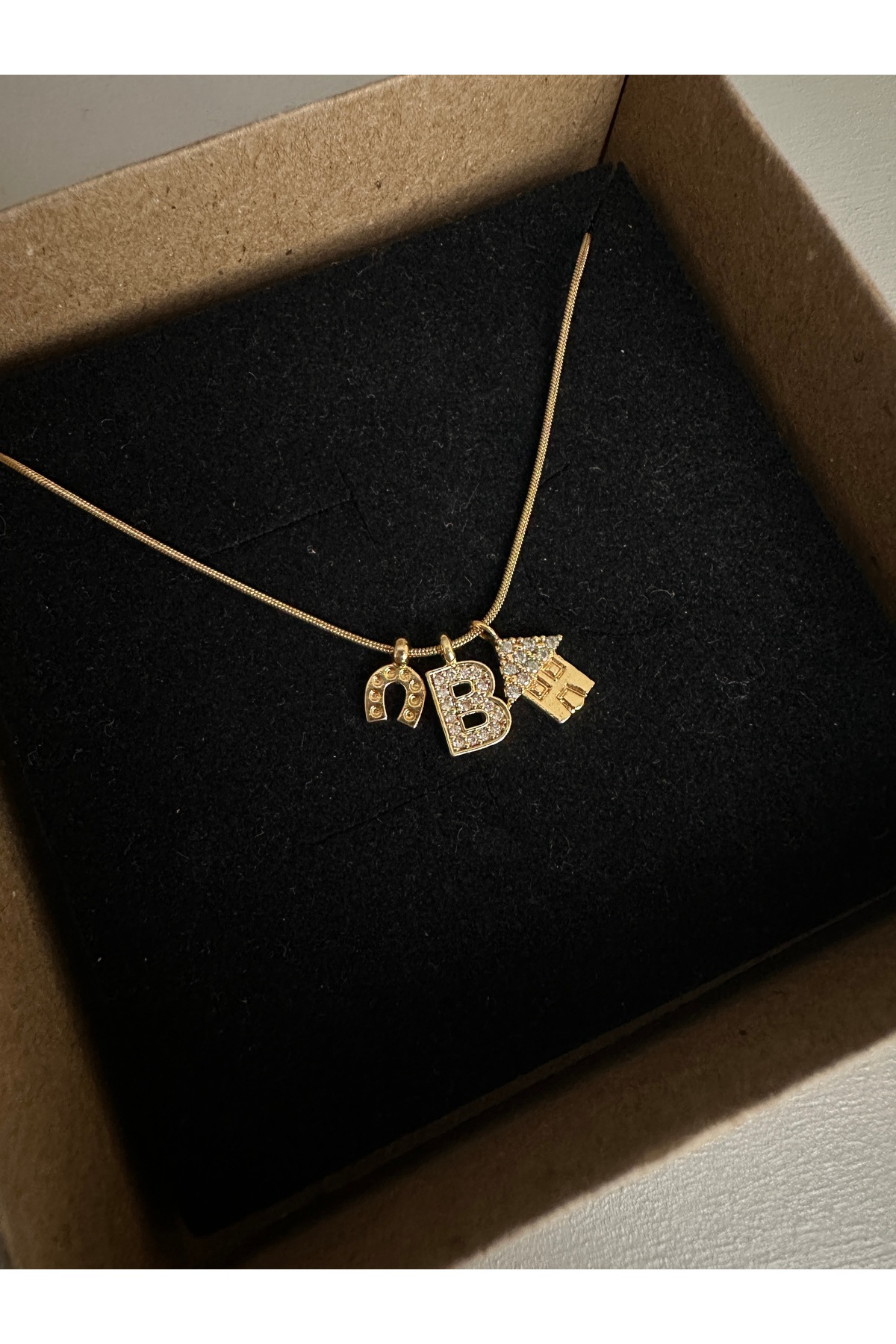 Ev Figürlü Harf ve Nal Charm Çelik Zincirli Gold Kadın Kolye (45 cm) – Sevgililer Günü Özel - Detay Görseli 1