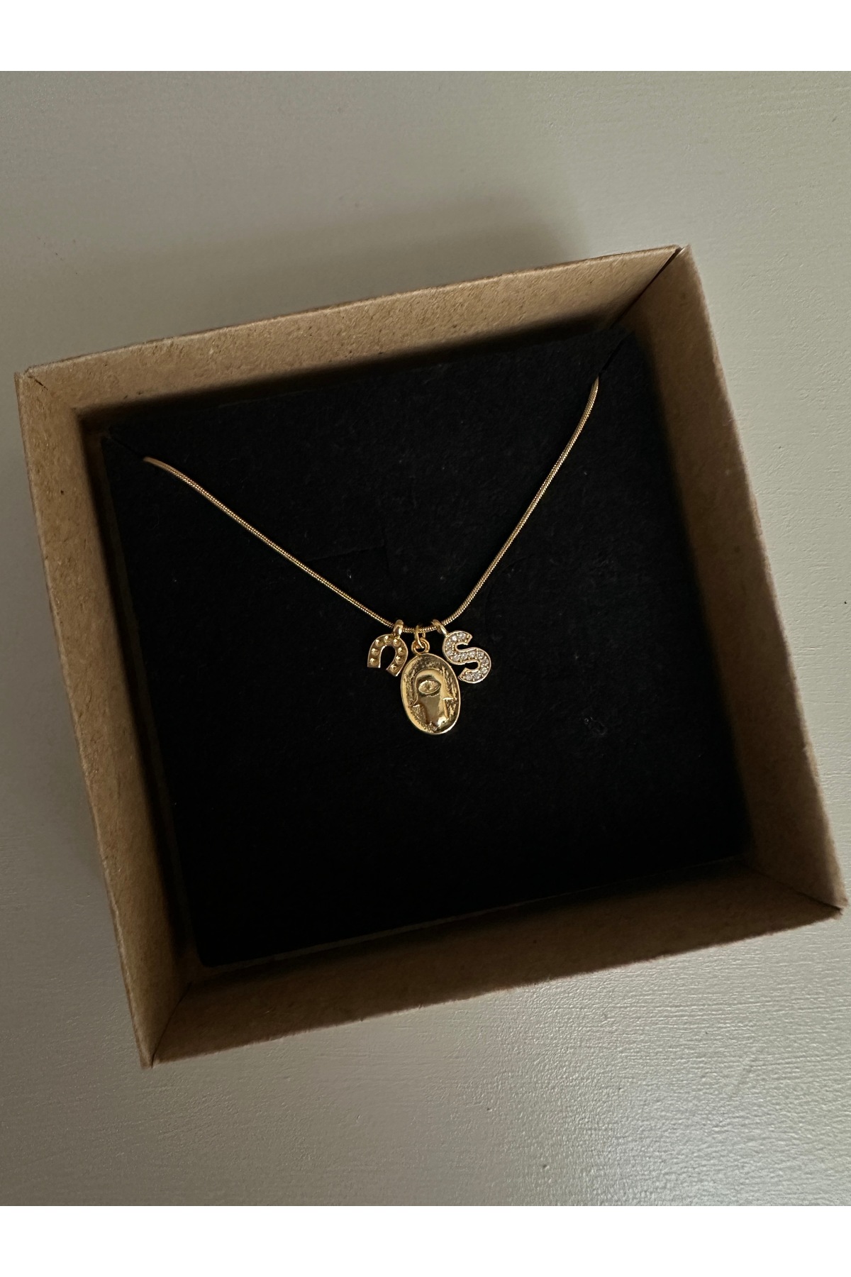 Hamsa Plaka Nal Ve Harf Charm Çelik Zincirli Gold Kadın Kolye (45 Cm) – Sevgililer Günü Özel